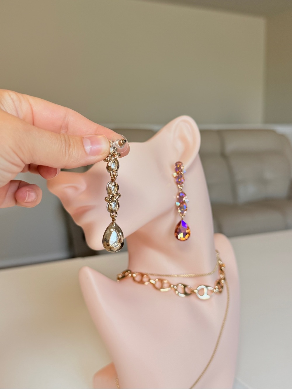 Gold-Tone Pink Crystal Drop Earrings – Elegant Statement - Picture 8 of 12